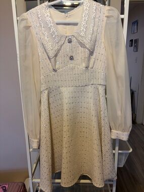 Cream Lace-Collar Tweed Dress with Sheer Sleeves